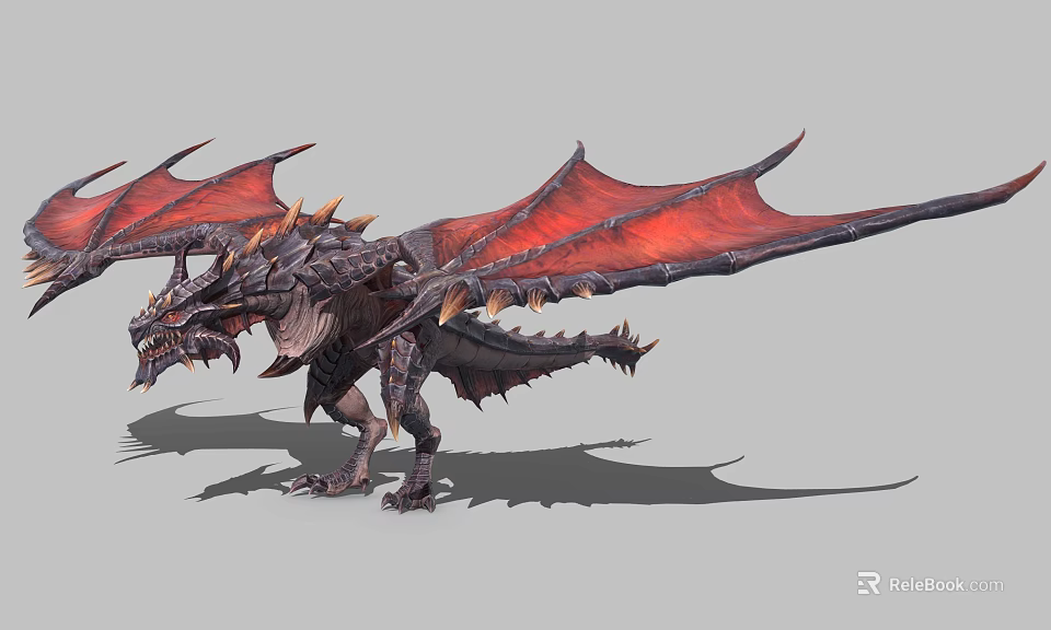 Mythical Dragon 3D Model With Red Wings Black Scales And Sharp Spikes 3d model 
