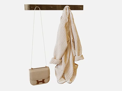 Wooden Wall Mounted Coat Hook Hanging Beige Handbag And Polka Dot Coat 3d model