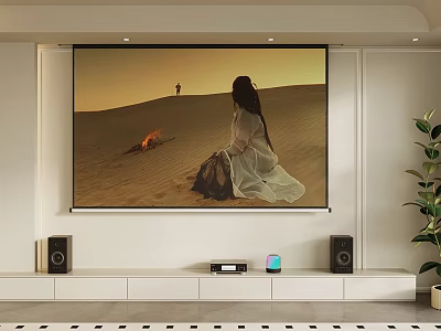 Living Room Home Theater Setup With Large Screen Showing Desert Scene Campfire And Person 3d model