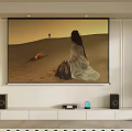 Living Room Home Theater Setup With Large Screen Showing Desert Scene Campfire And Person
