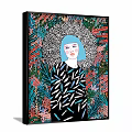 Portrait Painting of Woman with Blue Hair in Black Feather Top and Colorful Leaves