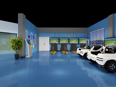 Blue Showroom With White Vehicles Green Plants Blue Walls And White Door 3d model