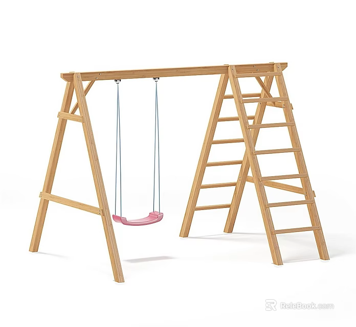 Wooden Playground Equipment Swing Set With Ladder And Pink Swing Seat 3d model 