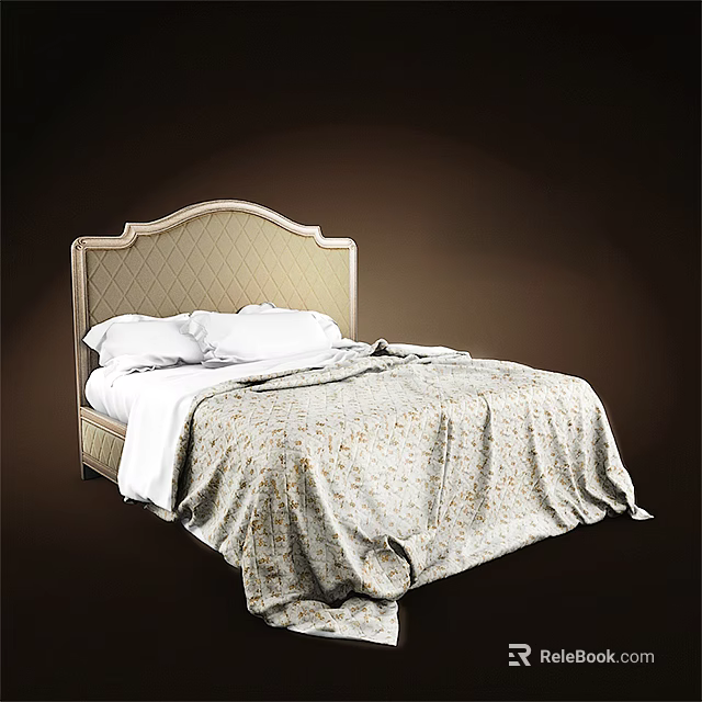 Elegant Double Bed With Beige Tufted Arched Headboard And Floral Pattern Quilt 3d model 