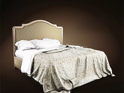 Elegant Double Bed With Beige Tufted Arched Headboard And Floral Pattern Quilt 3d model