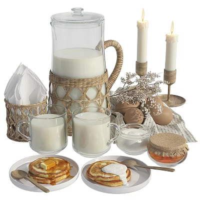 Delicious Pancakes With Butter Honey And Eggs Served With Milk Mugs And Pitcher 3d model