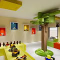 Lego Exhibition Space Interior With Yellow Green Decor Display Cases And Models 3d model