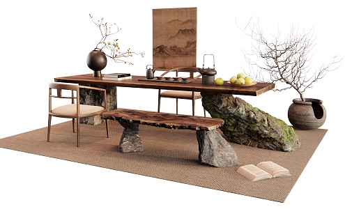 New Chinese Style Tea Table and Chair Stone Tea Table Leisure Chair Bench Vase Jewelry Hanging Painting 3d model