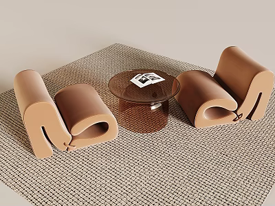 Table and Chair Set Featuring Round Glass Top and Brown Chairs on Woven Texture Rug 3d model