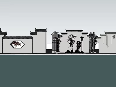 Traditional Chinese Building Exterior Wall With Decorative Cornices Carved Designs And Trees 3d model
