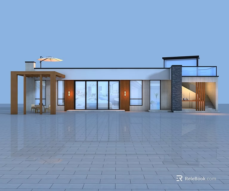 Modern Detached Villa With Large Glass Windows Wooden Entrance And Balcony 3d model 