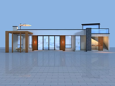Modern Detached Villa With Large Glass Windows Wooden Entrance And Balcony 3d model