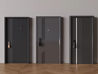Three Black Security Doors With Different Line Textures Locks And Handles 3d model
