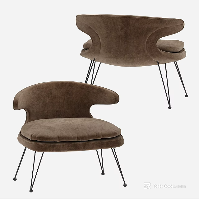 Modern Brown Sofa Stool With Curved Back Velvet Upholstery And Metal Legs 3d model 