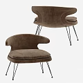 Modern Brown Sofa Stool With Curved Back Velvet Upholstery And Metal Legs