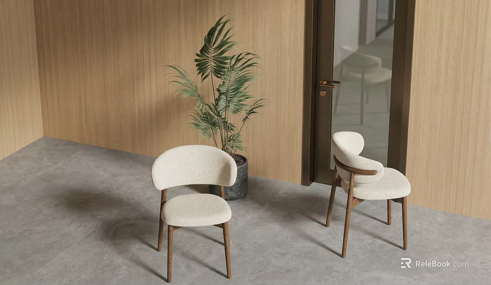 Modern White Dining Chairs With Wooden Legs Near Green Plant And Wooden Wall 3d model 