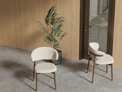 Modern White Dining Chairs With Wooden Legs Near Green Plant And Wooden Wall 3d model