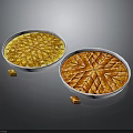Traditional Baklava Pastry On Round White Plates With Golden And Diamond Patterns Small Pieces