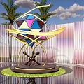 Colorful Geometric Sculpture With Golden Flowing Lines Human Figure Base And Palm Trees Water Feature