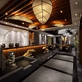 Traditional Chinese Teahouse Interior With Wooden Furniture Carved Ceiling And Elegant Lighting