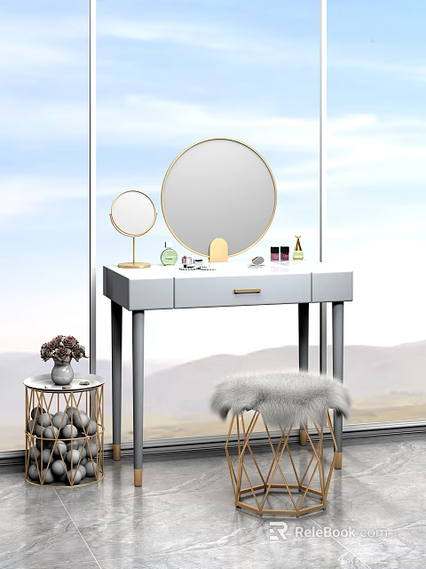 Modern Gray Dressing Table with Round Gold Mirrors Makeup Accessories and Fur Stool 3d model 