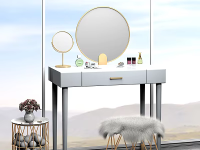 Modern Gray Dressing Table with Round Gold Mirrors Makeup Accessories and Fur Stool 3d model