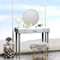 Modern Gray Dressing Table with Round Gold Mirrors Makeup Accessories and Fur Stool