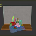 Fresh Pumpkin and Mixed Fruits on Wooden Table with Blue Cloth and Pitcher