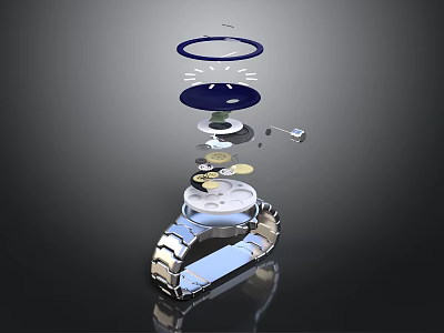 Exploded View Of Electronic Watch With Metal Strap Dial And Internal Components 3d model