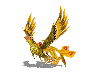 Golden Phoenix Spreading Wings with Gorgeous Feathers and Red Accents 3d model