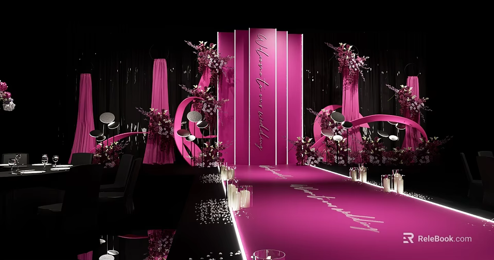 Pink Wedding Banquet Hall With Decorative Flowers Walkway Lighting And Dark Backdrop 3d model 