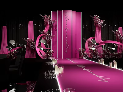 Pink Wedding Banquet Hall With Decorative Flowers Walkway Lighting And Dark Backdrop 3d model