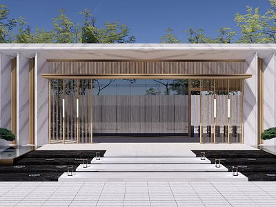 Elegant Modern Entrance Gate Design With Marble Walls Metal Frames Glass Panels And Steps 3d model