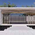 Elegant Modern Entrance Gate Design With Marble Walls Metal Frames Glass Panels And Steps