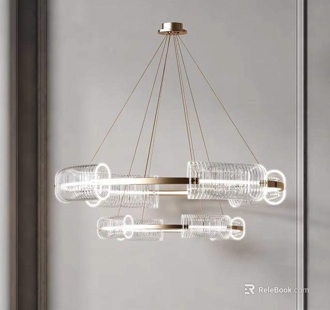 Modern Illuminated Gold Metal Chandelier With Glass Double Ring For Modern Interior Decor 3d model 