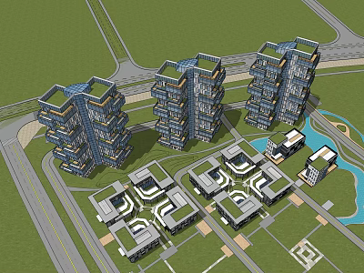 Modern Urban Residential Development With Tall Buildings Low Rise Structures Green Spaces And Water Pond 3d model