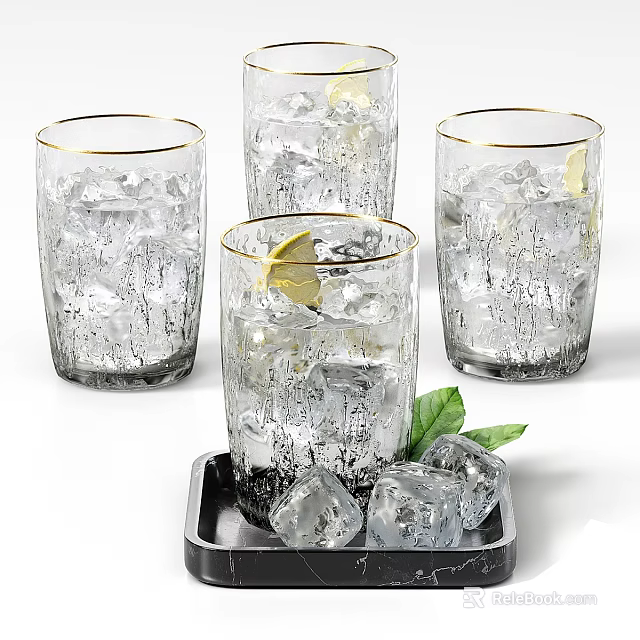 Clear Glass Cups With Ice Cubes Lemon Slices And Mint Leaves On Tray 3d model 