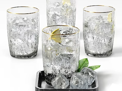 Clear Glass Cups With Ice Cubes Lemon Slices And Mint Leaves On Tray 3d model