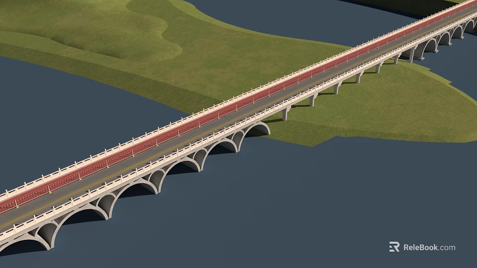 Arched Bridge With White Railings And Red Road Surface Over Water And Green Grass 3d model 