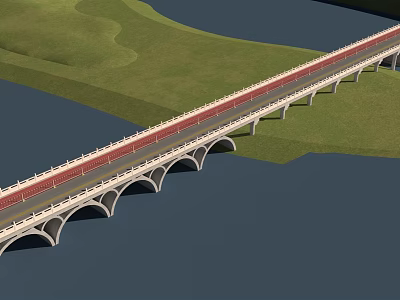 Arched Bridge With White Railings And Red Road Surface Over Water And Green Grass 3d model