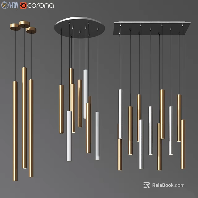 Modern Gold and White Cylindrical Chandelier with Multiple Slender Tubes and Black Hanging Cables 3d model 