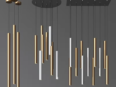 Modern Gold and White Cylindrical Chandelier with Multiple Slender Tubes and Black Hanging Cables 3d model