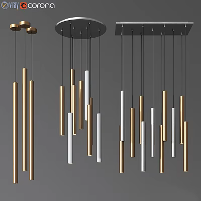 Modern Gold and White Cylindrical Chandelier with Multiple Slender Tubes and Black Hanging Cables 3d model