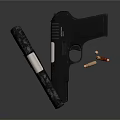 Black Worn Pistol With Magazine And Bullets On Dark Surface 3d model