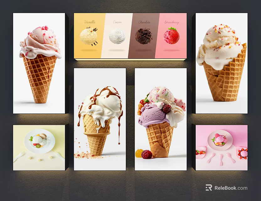 Vibrant Ice Cream Cone Collage Wall Art Featuring Various Flavors And Decorative Toppings 3d model 