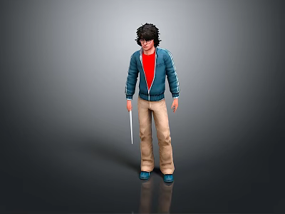Woman Wearing Blue Jacket Red T-shirt Beige Pants Blue Shoes Holding Wand 3D Character 3d model