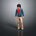 Woman Wearing Blue Jacket Red T-shirt Beige Pants Blue Shoes Holding Wand 3D Character