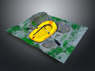 Yellow Inflatable Boat With Paddles On Green Mossy Ground Near Rocks 3d model