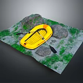 Yellow Inflatable Boat With Paddles On Green Mossy Ground Near Rocks