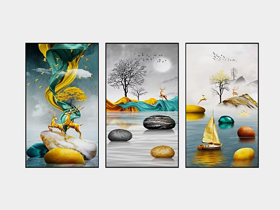 Decorative Wall Art With Colorful Fabric Deer Tree Moon Boat Mountain And Stones 3d model